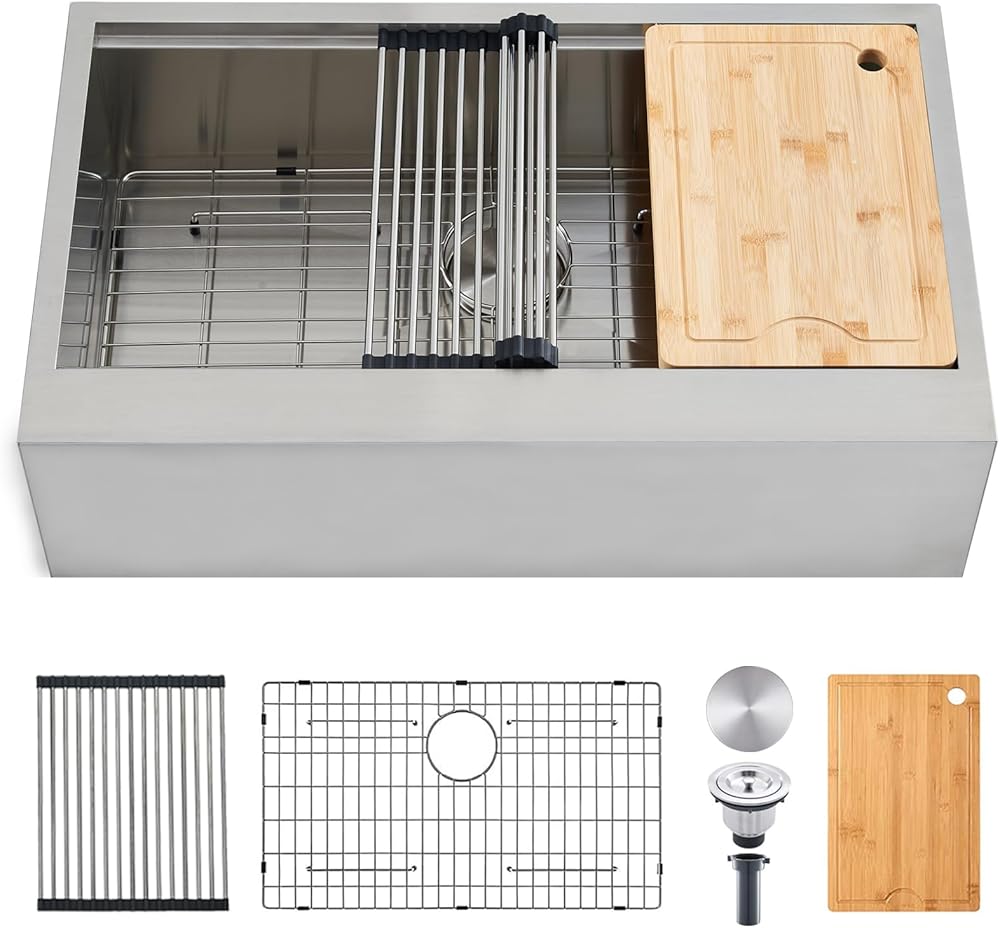 SHACO 33 Inch Undermount Farmhouse Sink, Stainless Steel Farmhouse Kitchen Sink, 33x20 Single Bowl Ledge Workstation Sink, Flat Apron Front Farm Sink with Cutting Board, Brushed Nickel