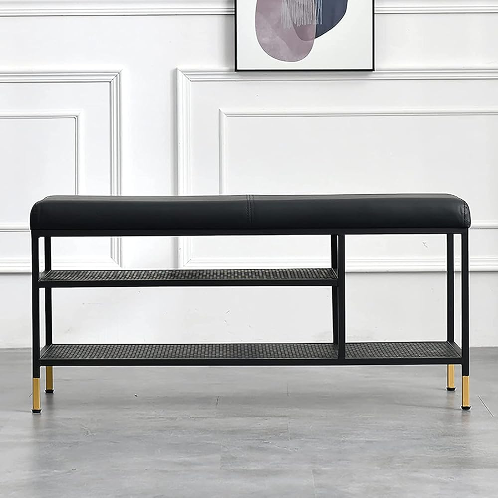 Shoe Storage Bench Entryway Hallway Furniture, Shoe Bench Rack with Metal Frame, Durable and Stable Protective Pad Design Soft Seat Cushion, for Entryway, Hallway(Black,80 * 47 * 32 cm)