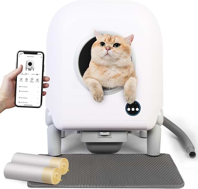 XXL Self-Cleaning Cat Litter Box Automatic with Pipe for Multiple Cats-Odor Removal&Weight Tracking-APP Control