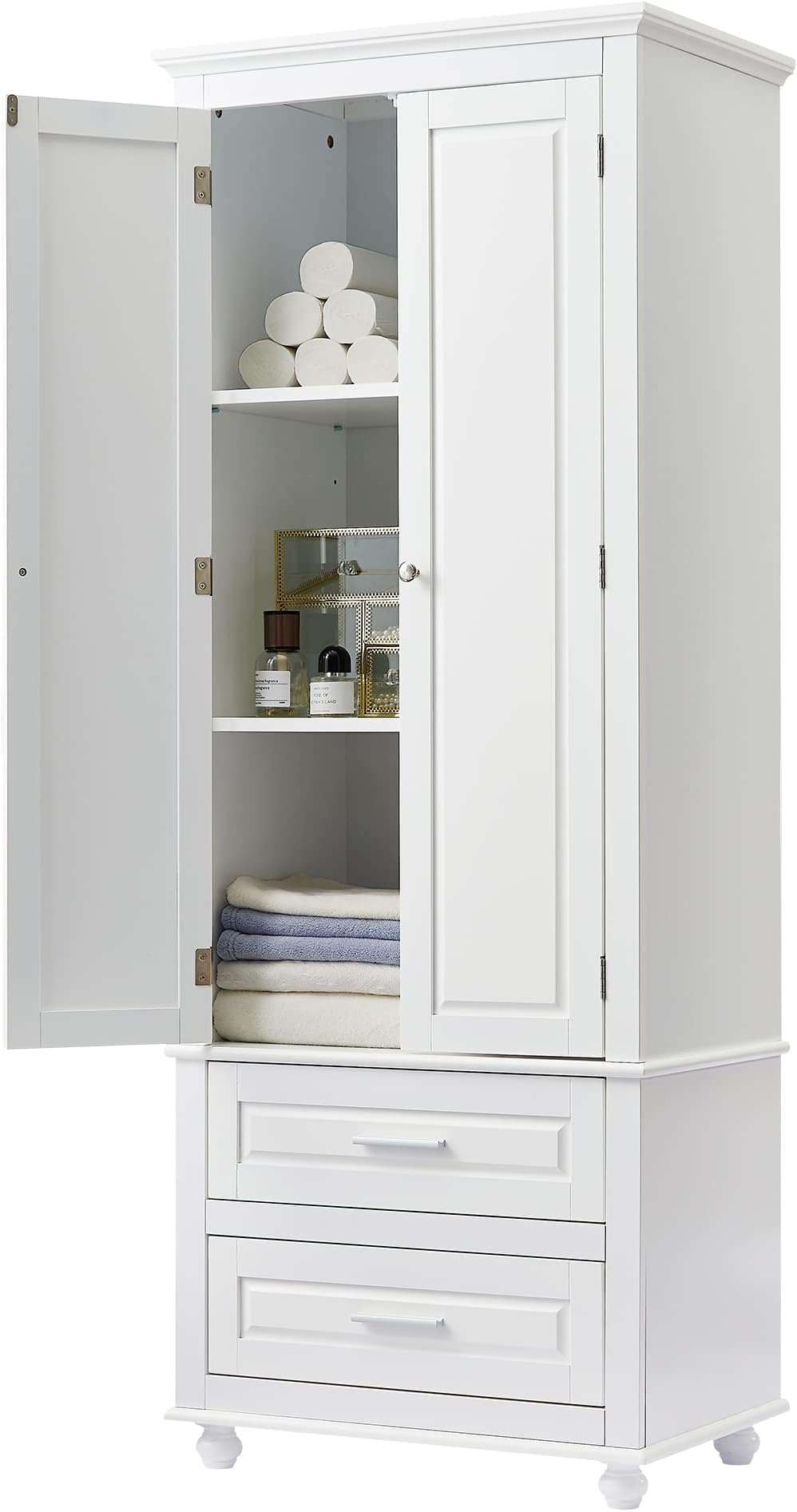 Merax Storage Cabinet with Doors and 2 Drawers, Tall Kitchen Pantry Organizer for Home, Bathroom, Solid Wood Legs, White