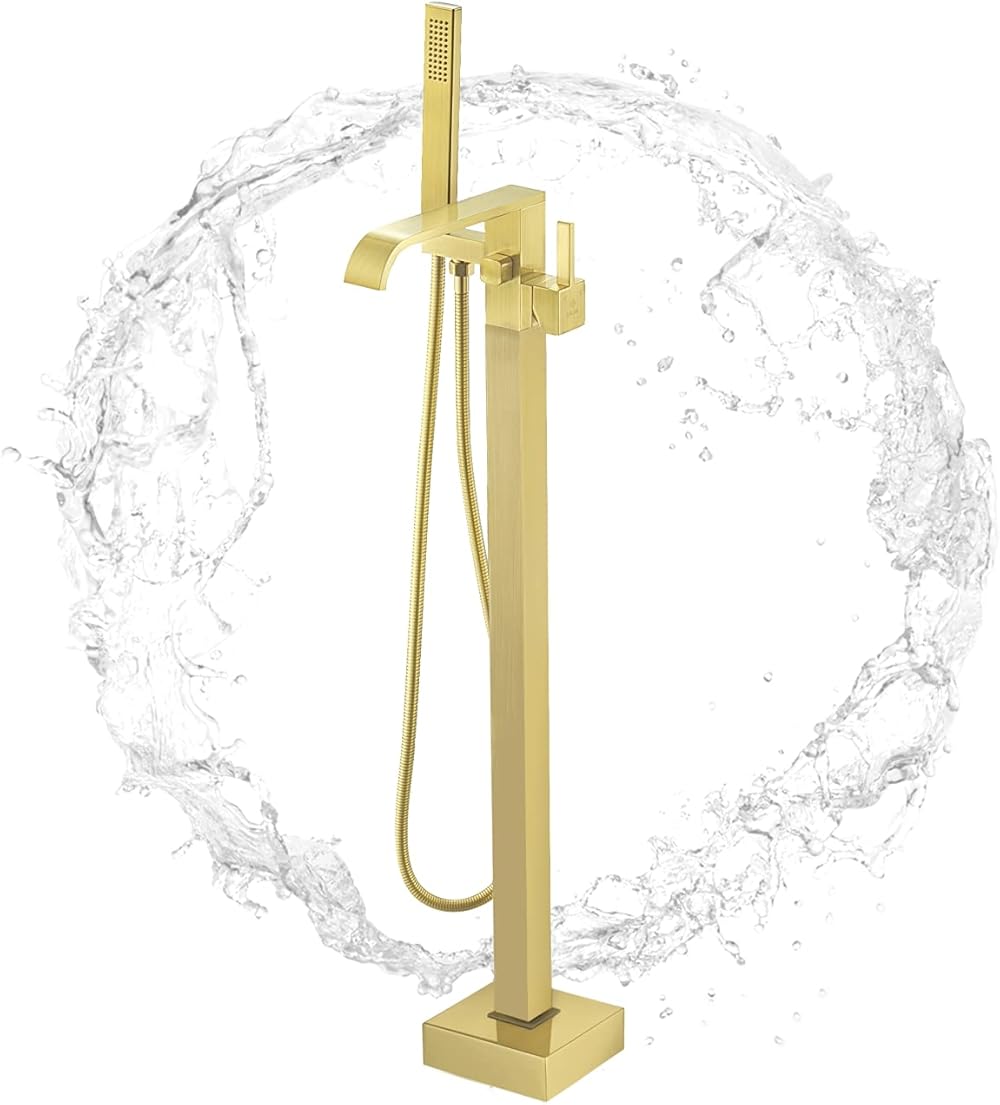 Single Handle Freestanding Tub Filler Floor Mount Bathtub Faucet with Square Handheld Shower (Brushed Gold-F)