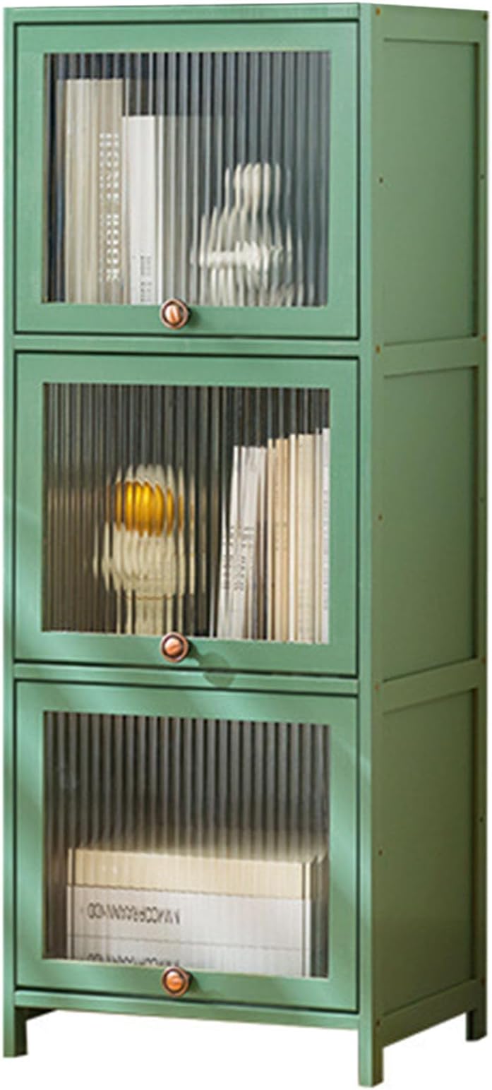 Green Bamboo Storage Cabinet Doors with Clear Shelves and Casters, Free-Standing Linen Tower Tall Cabinet for Home Office, Kitchen, Living Room, Bedroom, Garage