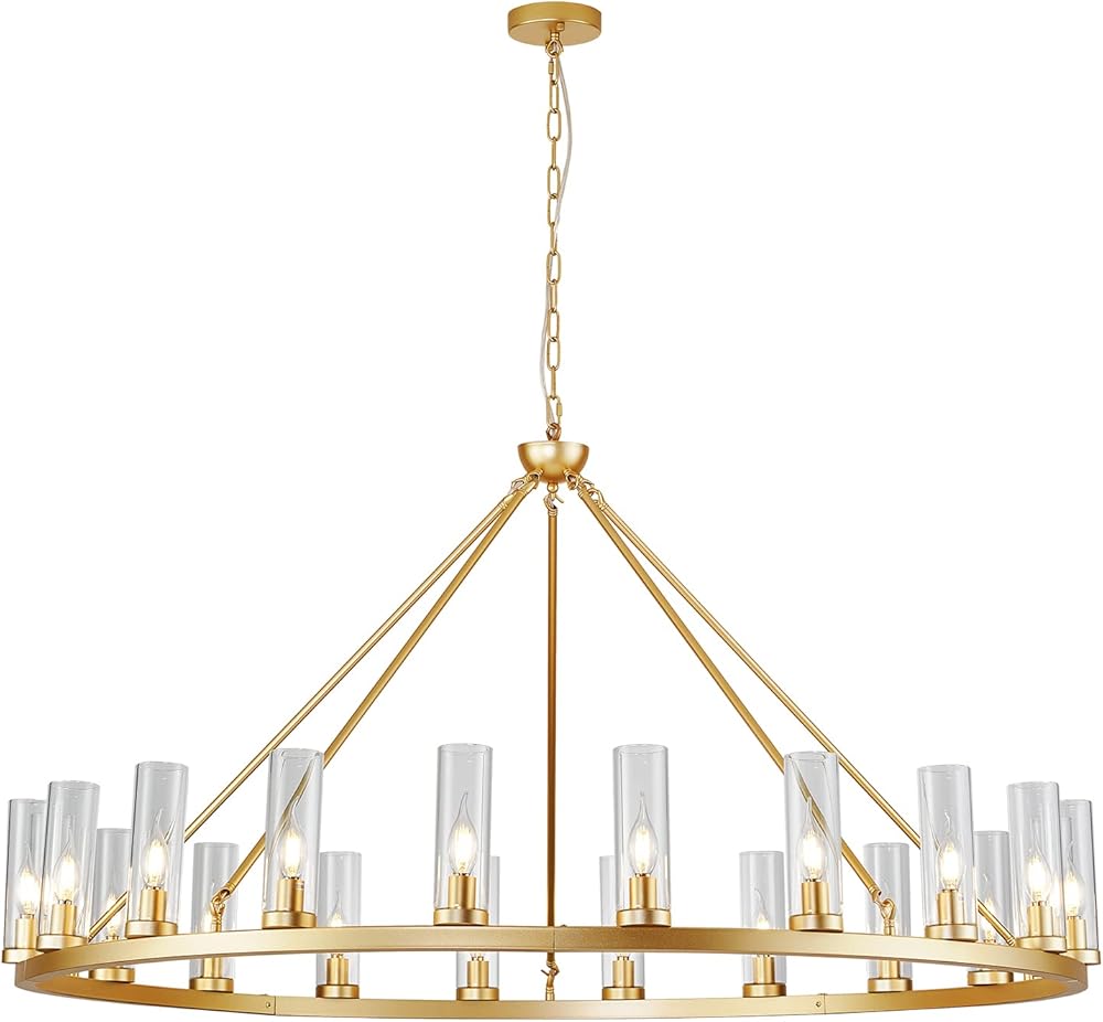 D52 Large Gold Wagon Wheel Chandelier 20 Light with Clean Glass, Farmhouse Vintage Industrial Country Style Round Pendant Light Fixture for Stair Living Room(52in-20 Light)