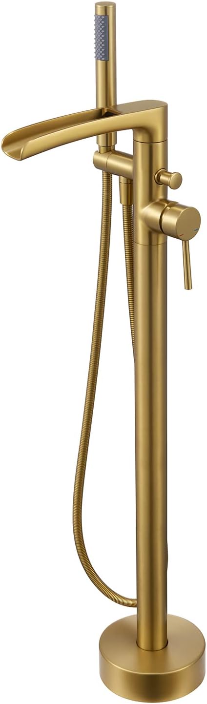 Waterfall Freestanding Bathtub Faucet Brushed Gold Floor Mount Tub Filler Brass Single Handle Bathroom Faucets with Hand Shower