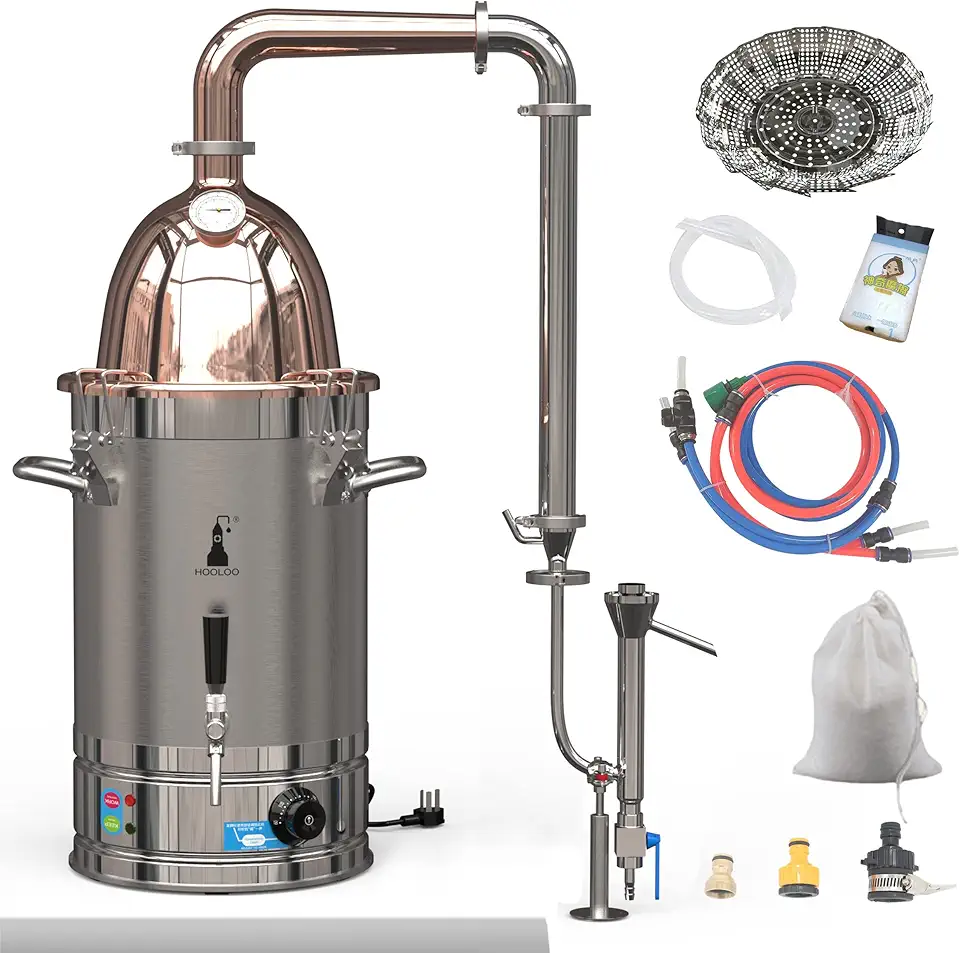 Alcohol Distiller Still for Home Use Kit 304 Stainless Steel Whiskey Making Kit with Thermometer Whiskey Brandy Vodka 6.3Gal (24L) (RT-30) (6.3Gal/24Litres-Rocket Lid-110V)