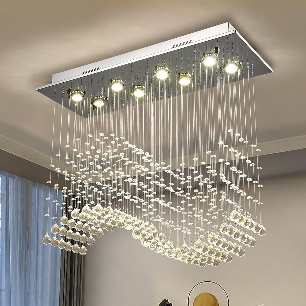 Siljoy Modern K9 Crystal Chandelier, 8-Lights Rectangle Flush Mount Ceiling Light, Wave Raindrop Crystal Pendant Lighting for Dining Living Room Bedroom, L31.5'' x W12'' x H28''