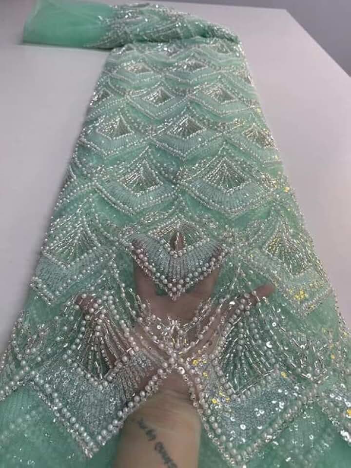 MARHAFABRIC Fashion Gold Luxury Beads Tulle Lace Africa Sequins Handmade Yards Lace Fabric Nigeria for Wedding Prom Dress Lace Fabric for Bridal Wedding Prom Evening Dress