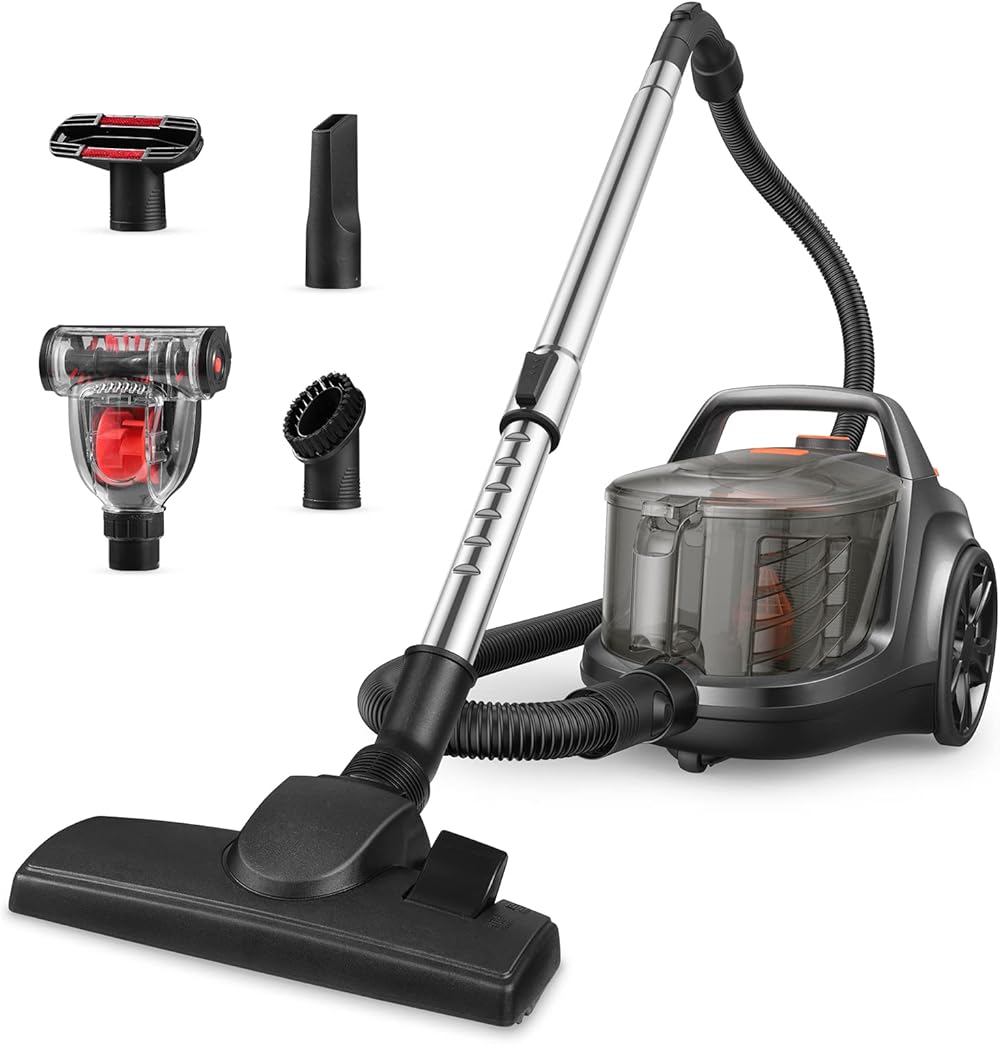 Aspiron Canister Lightweight Cyclonic Bagless Cleaner, 3.7QT Vacuum with HEPA Filter, 5 Brushes, Automatic Cord Rewind, Variable Speed for Hard Floors, Hardwood, Cars, 3.5L, Black