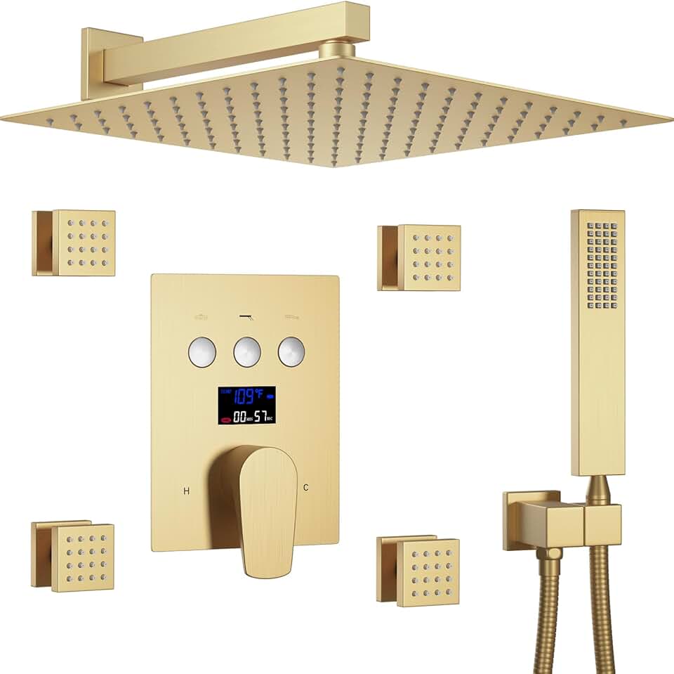 Brushed Gold Shower System 3 Function Shower Faucet Set with 12 Inch Rain Shower Head and Handheld Shower, 4 PCS Body Jets, Wall Mounted Temperature Display Shower Fixtures