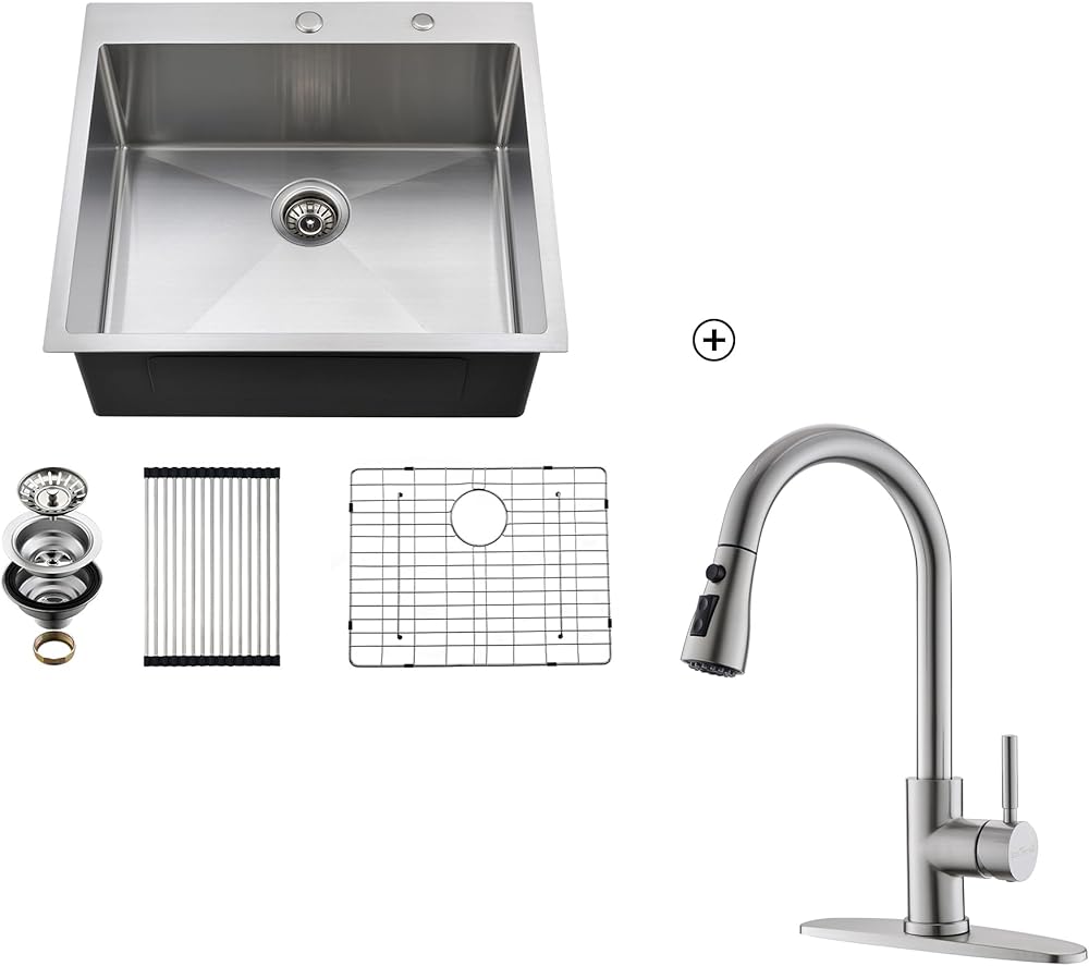 Drop In Kitchen Sink,25 x 22 Inch Sink With Pull Down Sprayer Kitchen Faucet, 16 Gauge Single Bowl T-304 Stainless Steel Kitchen Sink