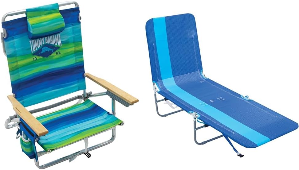 Tommy Bahama 5-Position Classic Lay Flat Folding Backpack Beach Chair, Blue and Green Stripe & Rio Beach Portable Folding Backpack Beach Lounge Chair with Backpack Straps and Storage Pouch, Blue