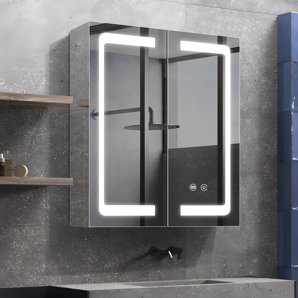 Led medicine cabinet,Bathroom Mirror Cabinet with lights,Stainless Steel,3 Colors&Dimmable,Defogger,Soft Close Hinge,Adjustable Shelf,Tempered Glass,Corrosion-resistant