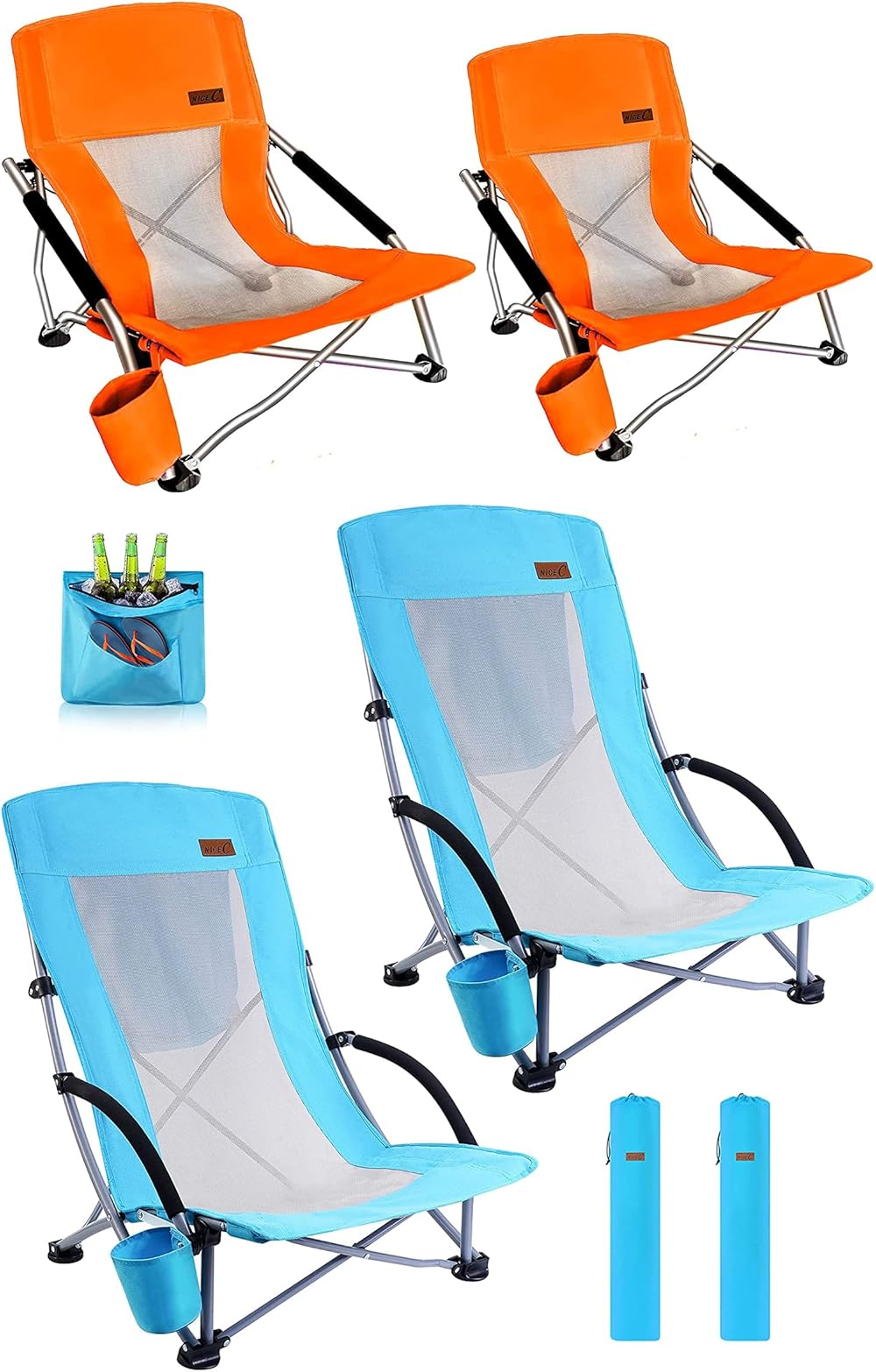 Nice C 2 Pack Orange Low Beach + 2 Pack Beach Chair with Cooler