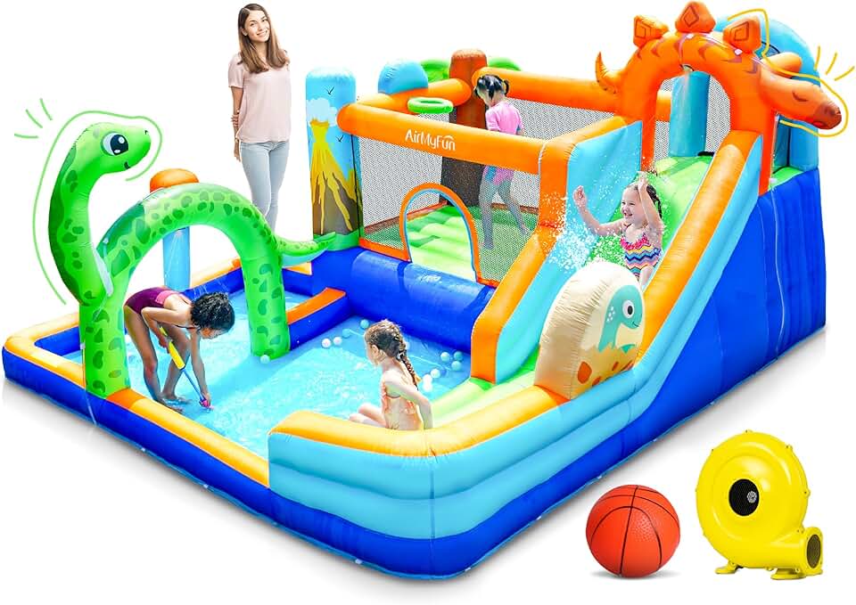Dinosaur Inflatable Water Slide Bounce House for Big Kids 8-12, Water Bounce House for Kids Backyard with Blower | Boxing Ring, Rock Climbing Wall, Spacious Splash Zone - Includes Repair kit