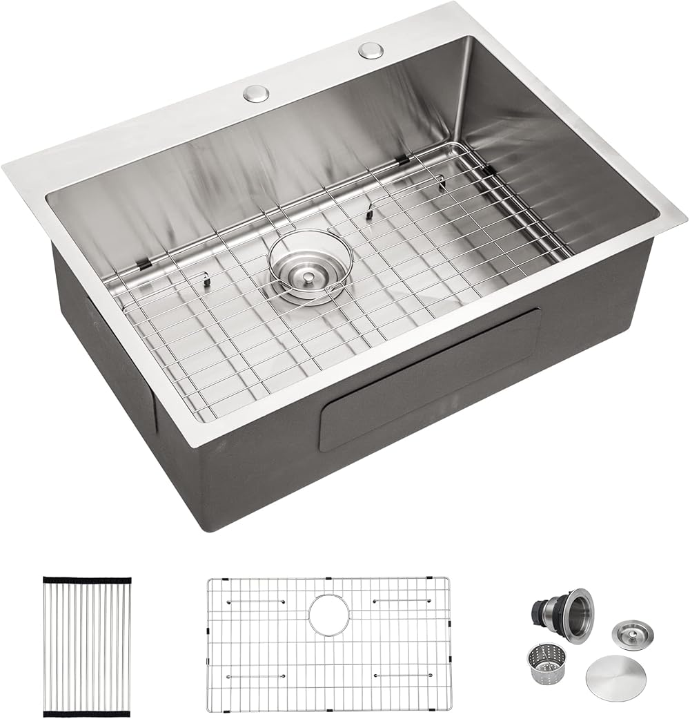 Dcolora 33x22 Drop In Kitchen Sink 16 gauge Stainless Steel Topmount Single Bowl Sink Above Counter Overmount Basin, Round Corner 33