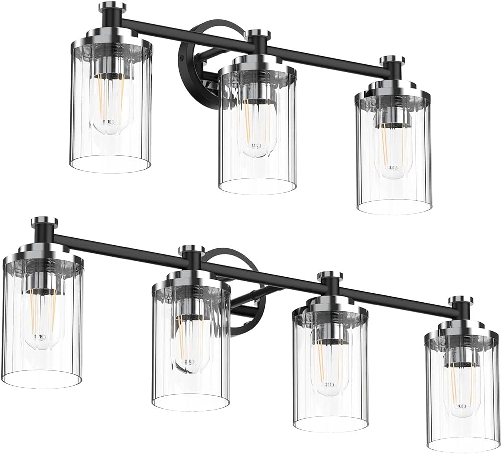 Bathroom Lighting Fixtures Black and Chrome Bathroom Vanity Light with Cylindrical Clear Stripes Glass Lampshade E26 Socket Base Bathroom Lighting Fixtures Over Mirror