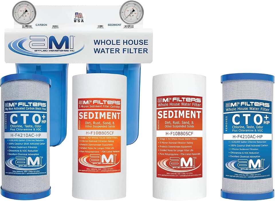APPLIED MEMBRANES INC 2-Stage Whole House Water Filter System with 4.5x10-Inch Sediment and Carbon Block Filters & Water Filter Replacement Filter Cartridge Set