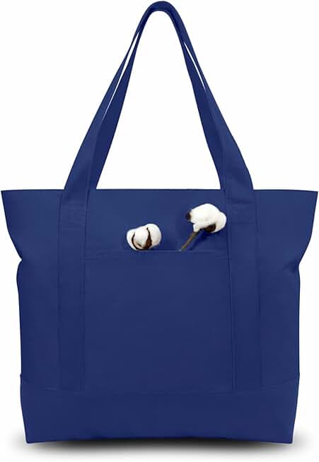 TOPDesign 30-Pack Stylish Canvas Tote Bag with an External Pocket, Top Zipper Closure, Daily Essentials (Blue)