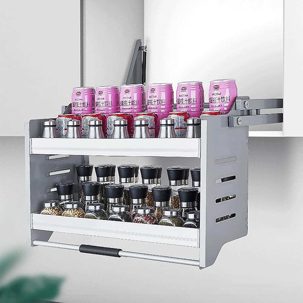 Metal Kitchen Cabinet Pull Down Shelf, Space-Saving Pull Out and Down Shelf, Dish and Spice Rack System, Lifting Storage Basket Organiser for Upper Cabinets (Size : 18.3