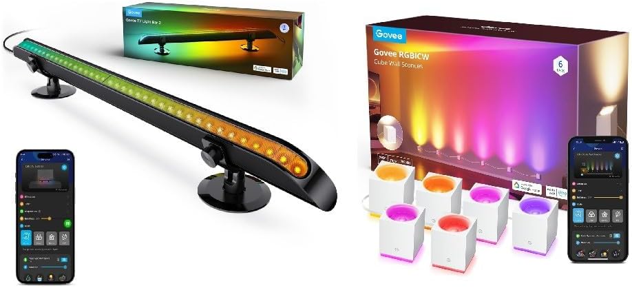 Govee Cube Wall Sconces, RGBIC LED Wall Light Works with Alexa Bundle Smart TV Light Bar, Upgraded 31 Inch LED Light Bar with Scene and Music Modes