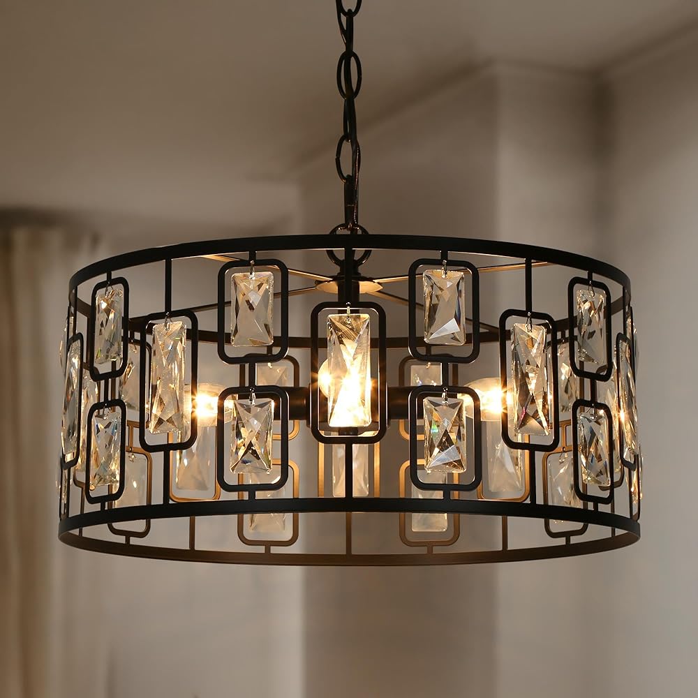 Black Modern Chandelier, 4-Light Crystal Drum Pendant Chandeliers Light Fixture for Dining Room, Bedrooms, Entryway, Living Room, Kitchen, Hallway, Foyer