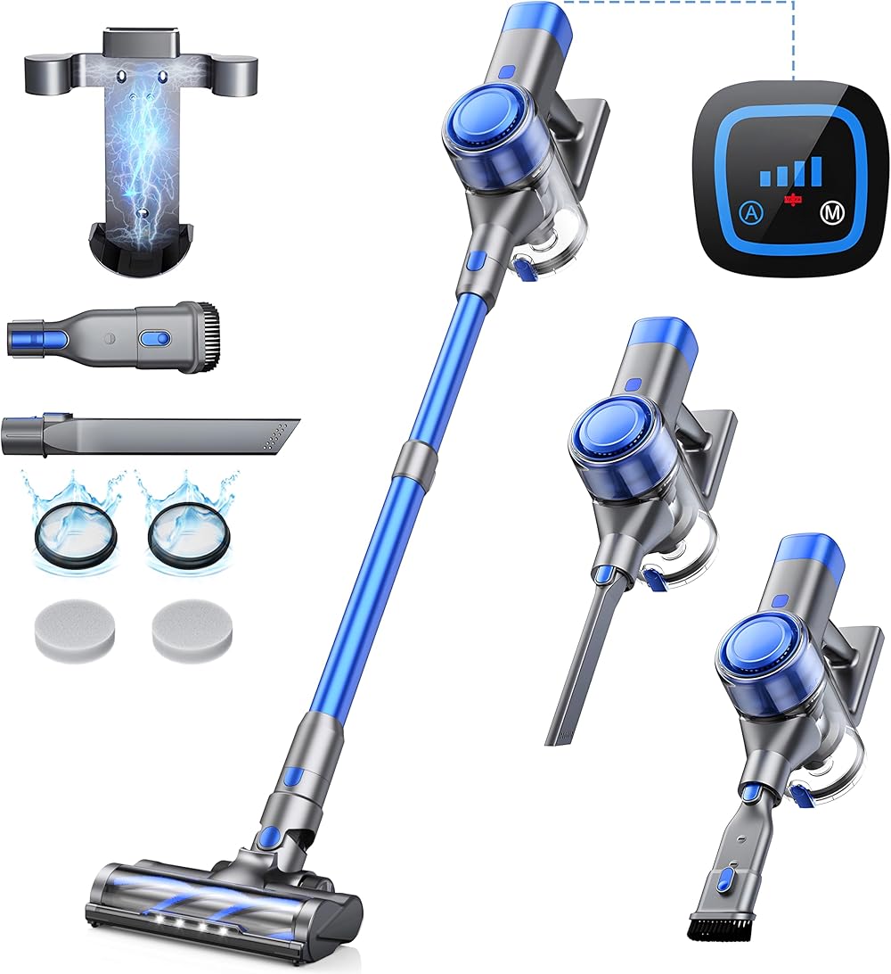 Cordless Vacuum Cleaner, 38Kpa Stick Vacuum with Charging Dock Brushless Motor 450W, Vacuum Cleaners for Home Automatically Adjust Suction, Wireless Vacuum for Pet Hair/Carpet/Hard Floor, Blue