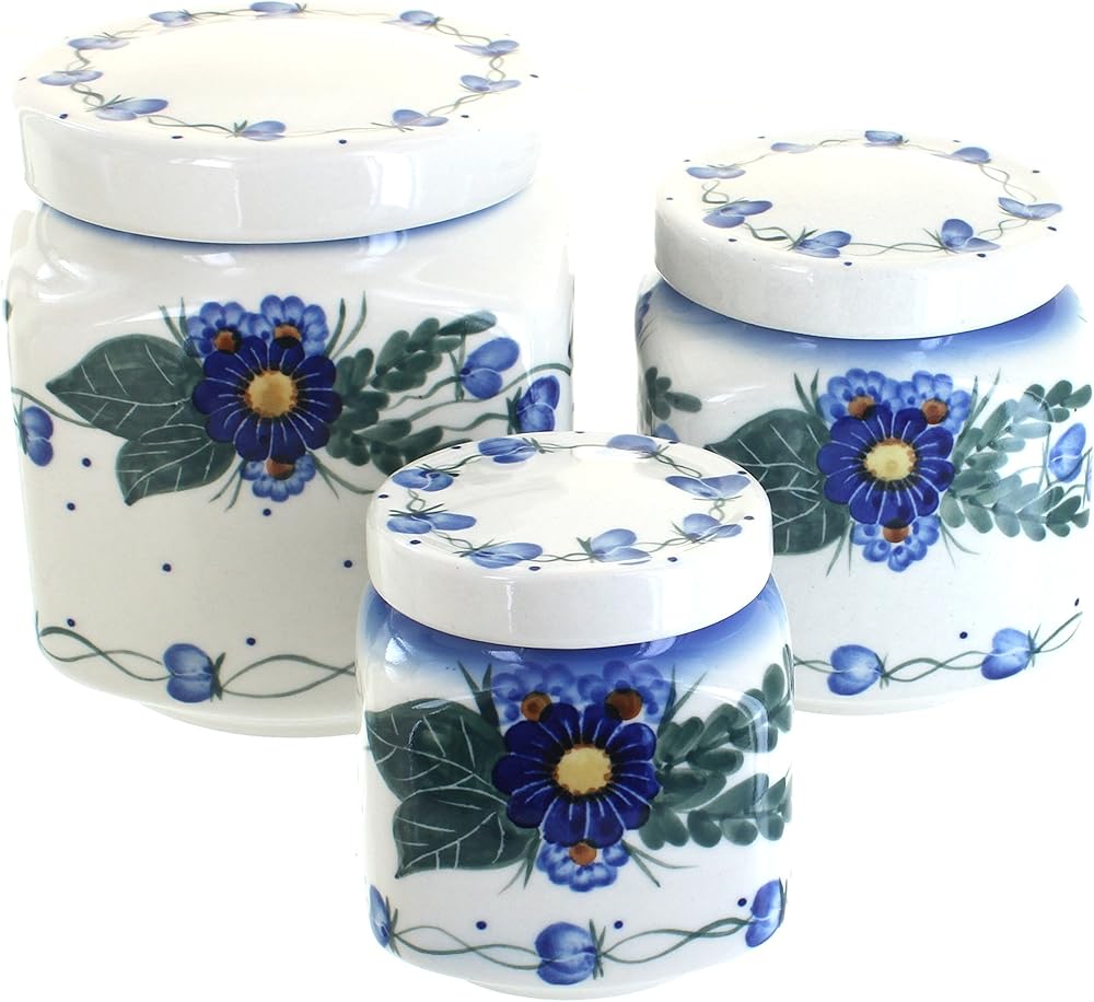 Blue Rose Polish Pottery Forget Me Not 3 Piece Canister Set