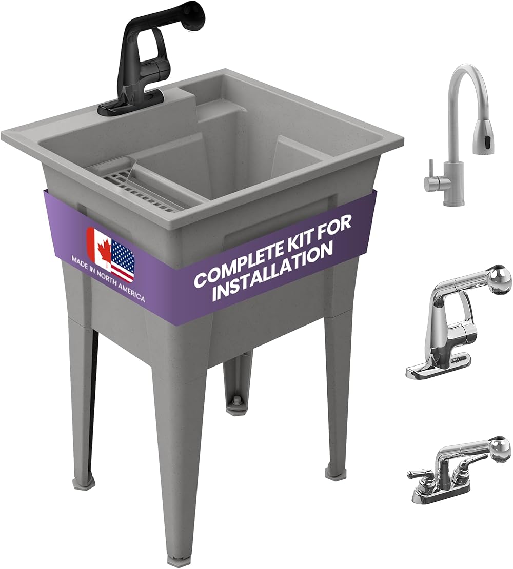 Utility Sink with One-Handle Matte Black Plastic Faucet – Polypropylene Laundry Sink, Grey Garage Sink, Indoor & Outdoor Use – Complete Sink Set by Noah William Home (24” X 22” X 34” 19.5 Gallons)