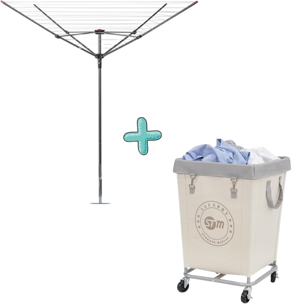 STORAGE MANIAC Umbrella Drying Rack and Medium Industrial Laundry Cart Set - Streamlined Laundry Solution with High Capacity and Extra Accessories for Efficient Washing, Drying, and Storage