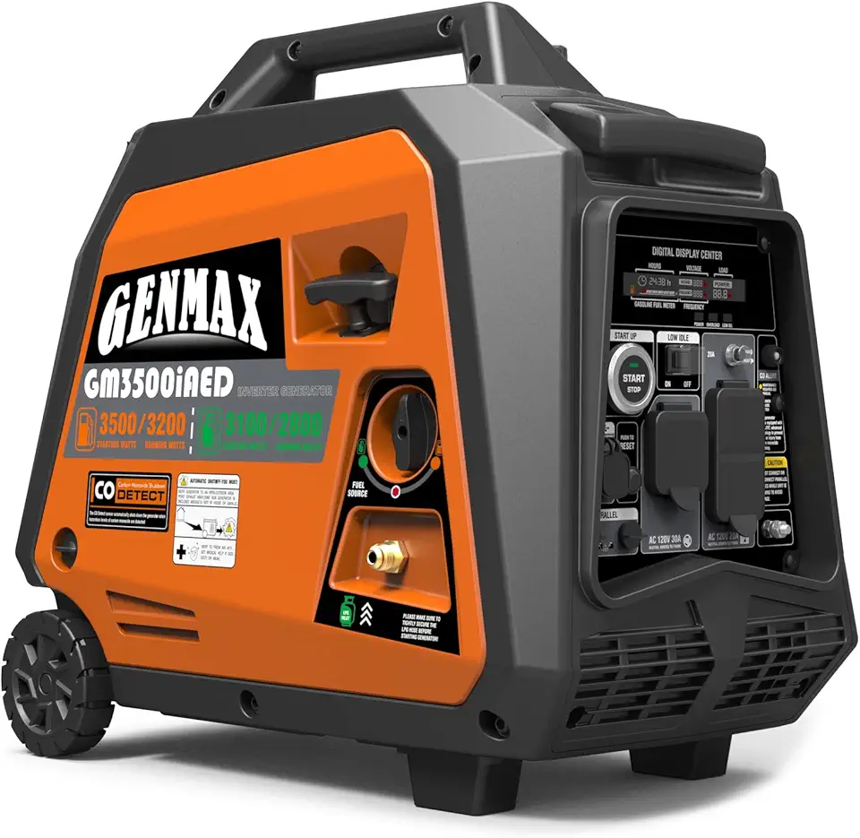 GENMAX Portable Inverter Generator, 3500W Super Quiet Gas or Propane Powered Engine with Parallel Capability, Remote/Electric Start, Ideal for Camping Travel Outdoor.EPA Compliant (GM3500iAED)