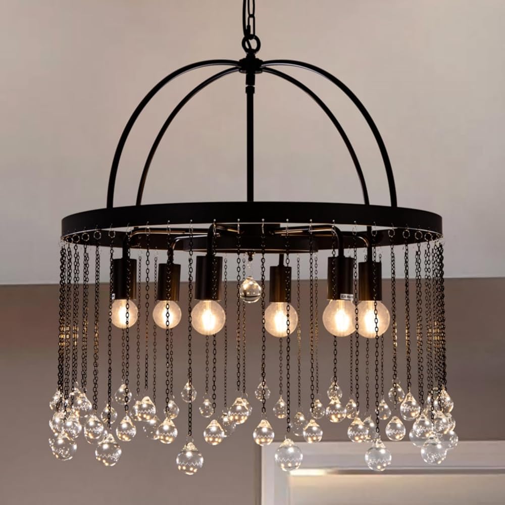 TOCHIC 6 Lights Black Chandelier, Modern Farmhouse Crystal Chandelier Round Drum-Shaped Chandelier Ceiling Pendant Light for Bedroom, Kitchen, Dining Room, 24'' W