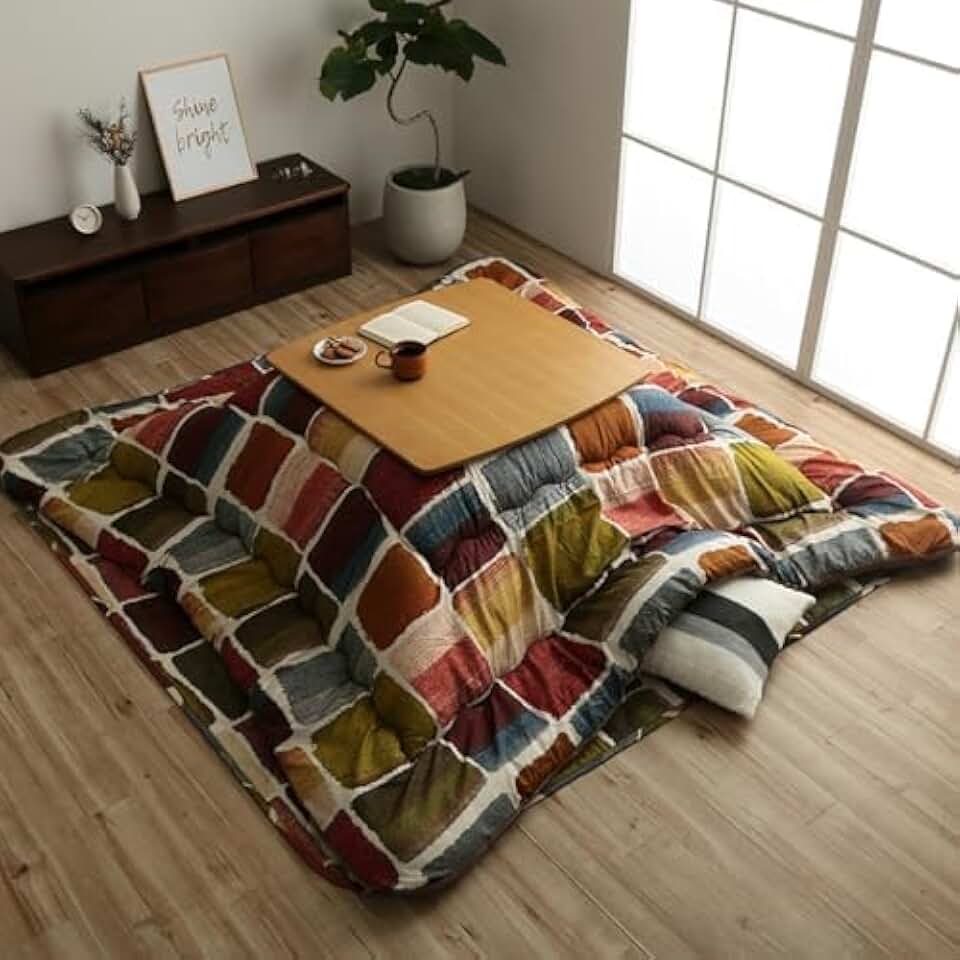 IKEHIKO Kotatsu Futon & Mat Set Comforter, Fluffy Premium Cotton Flannel, Multicolor Square Rectangle Heater Blanket Table, Japanese Craftsman, Made in Japan 1512 (Futon:205×205cm & Mat:190×190cm)