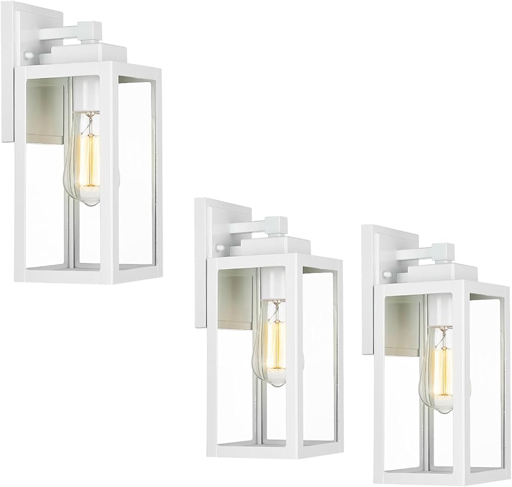 3Pack Outdoor Lights Fixtures Wall Mount, Exterior Waterproof Wall Lanterns, Porch Sconces Wall Mounted Lighting with Glass Shade，White Modern Wall Lamps for House Front Porch Patio