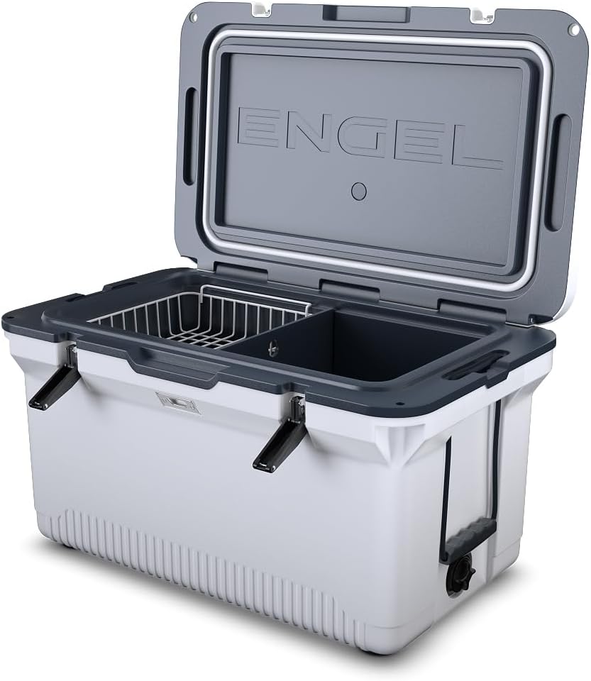 ENGEL 60 QT Ultra-Light Injection Molded Cooler - Ice Chest Keeps Ice up to 7 Days - Large Cooler Includes Wire Basket, Divider and Built-in Bottle Opener