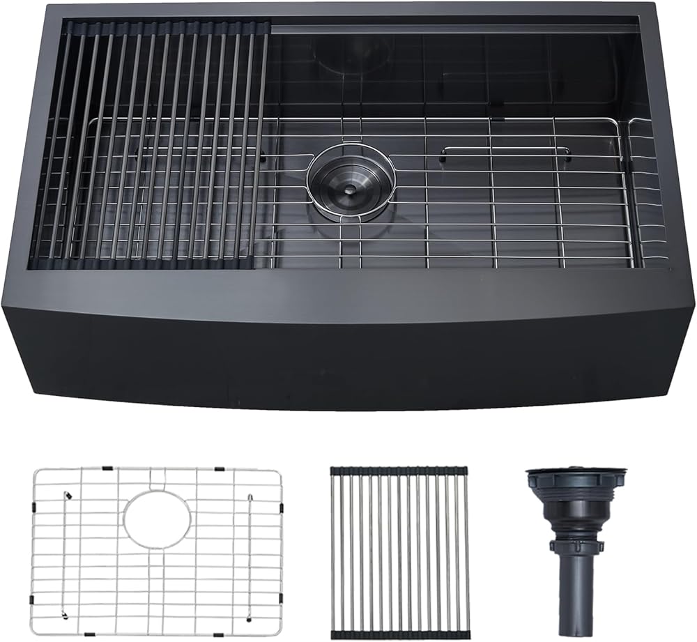 33 Inch Black Farmhouse Sink,Gunmetal Black Apron-Front Stainless Steel Deep Single Bowl Farm Sink，16 Gauge Undermount Farmhouse Kitchen Sink with Integrated Ledge and Accessories