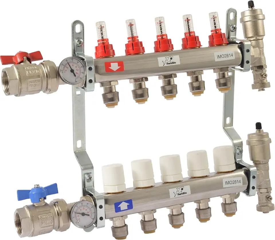 5 Loop Radiant Heating Manifold, Push to Connect Brass Plumbing Fitting, PEX Pipe, PE-RT, 24932