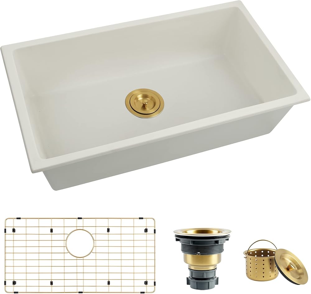 White Kitchen Sink 31 X 18 inch,Granite Composite White Undermount Kitchen Sink,Single Bowl Kitchen Sink with Gold Sink Grid and Gold Sink Strainer