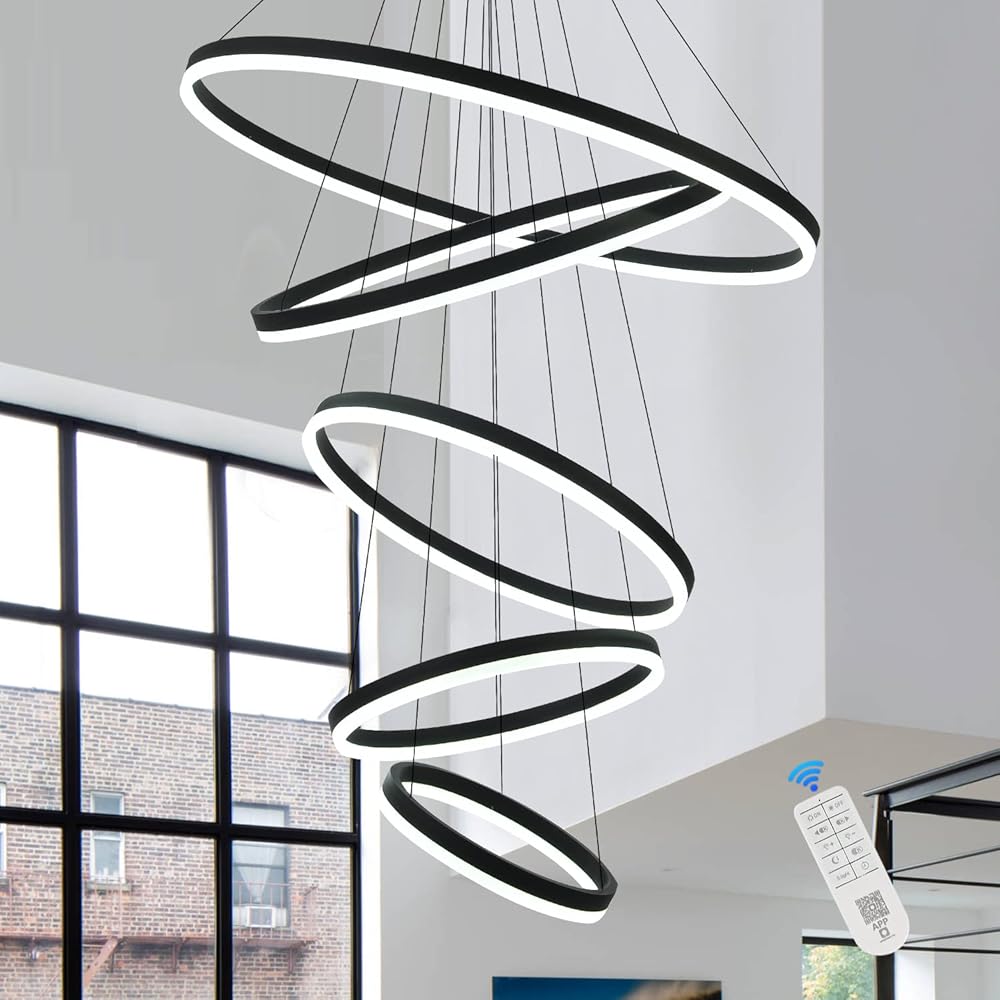 5-Rings Modern LED Chandelier Black Dimmable Chandeliers for Dining Room, High Ceiling Chandelier with Remote Control for Foyer Living Room Entryway Staircase(D31.5’’, 3000K-6500K)