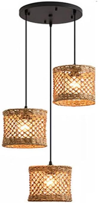 3 Light Wicker Rattan Pendant Light for Stairwell Woven Rope Cluster Pendant Light Kitchen Island Farmhouse Rustic Hanging Lamp Vintage Round Linear Chandelier for Dining Room Staircase