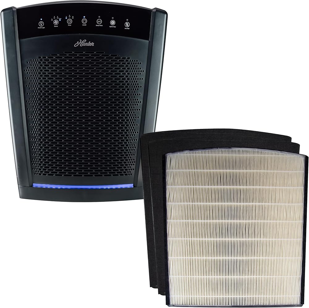 Hunter HP800 Multi-Room Whole Home Console Air Purifier Value Pack with True HEPA Filter, Energy Star Certification, Multiple Fan Speeds, Soft Touch Digital Control Panel, Sleep Mode - Black