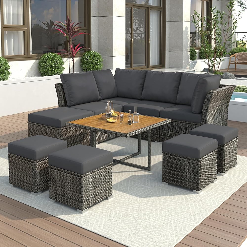 GOWE U_Style Patio Furniture Set, 10 Piece Outdoor Conversation Set, CoffeeTable with Ottomans, Solid Wood Coffee Table