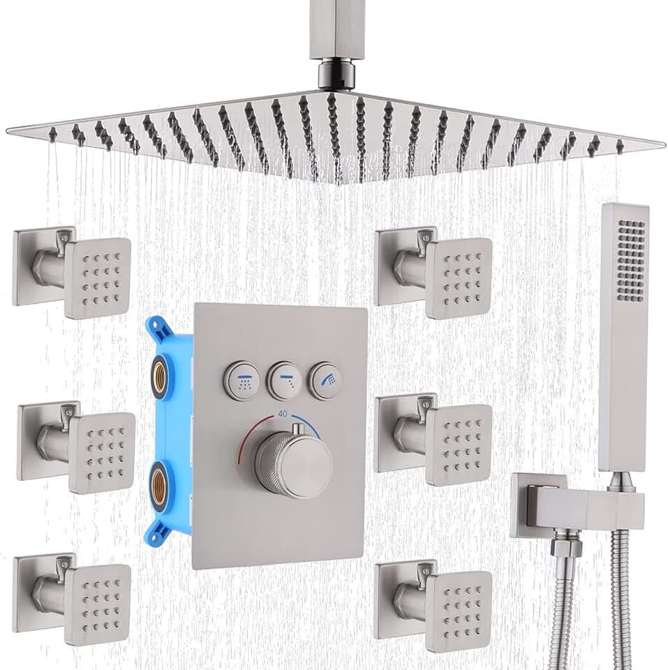 Thermostatic Brass Shower Faucet Set - Complete Brushed Nickel Shower Jets System with 16 Inch Ceiling Mount Rain Shower Mixer Combo, Use All At The Same Time!