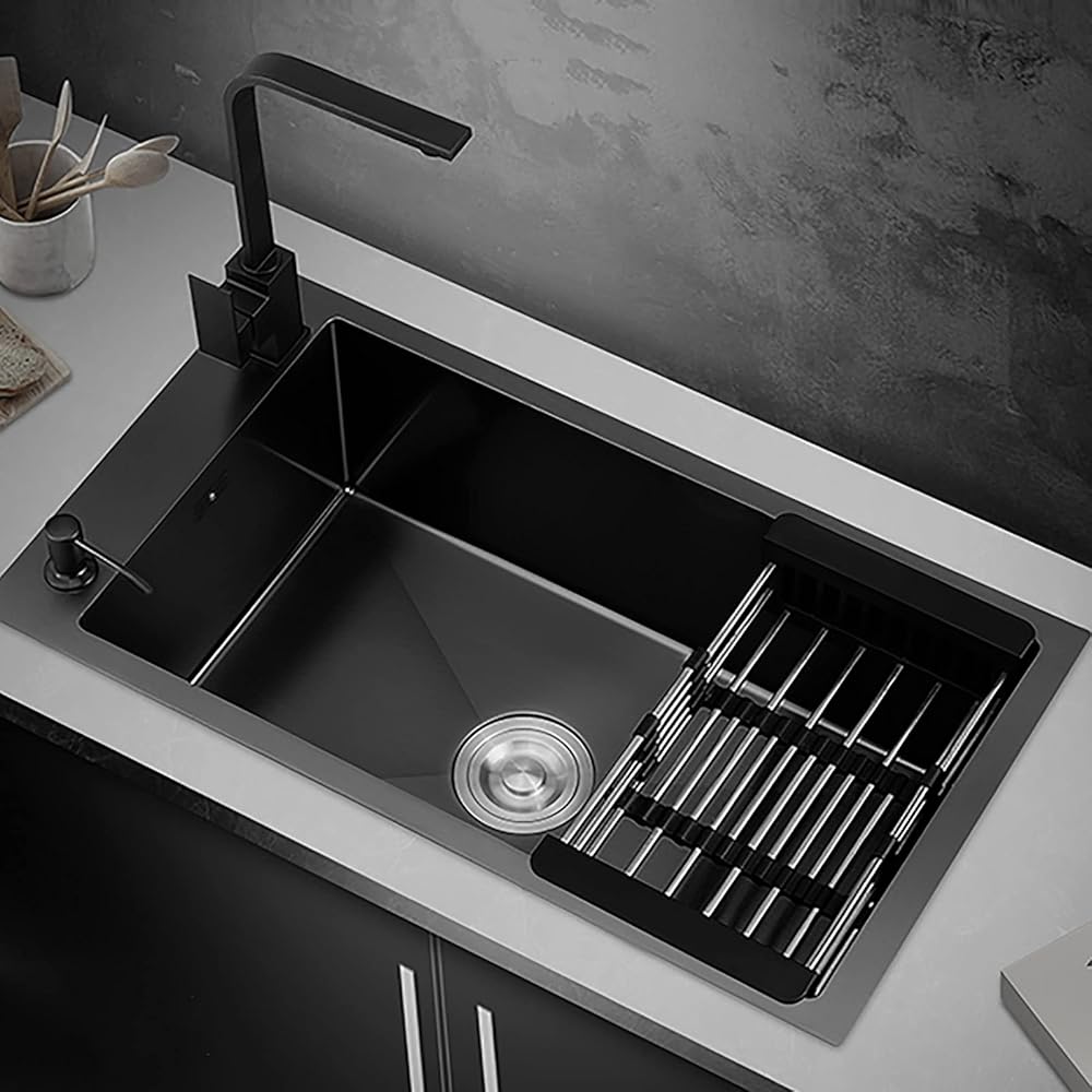 Kitchen Sinks 45×38cm,Undermount Kitchen Sink 1 Bowl,Black Sink with Reversible Drainer,for Utility Rooms Kitchens Bars or Pubs