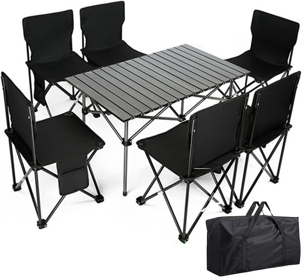 Multi Piece Set of Outdoor,Terrace Folding Dining Tables and Multiple Folding Chairs, Suitable for Courtyards, Gardens, Porch, and Poolsides (Black 6 Chairs+1 Table), As Shown in the Figure
