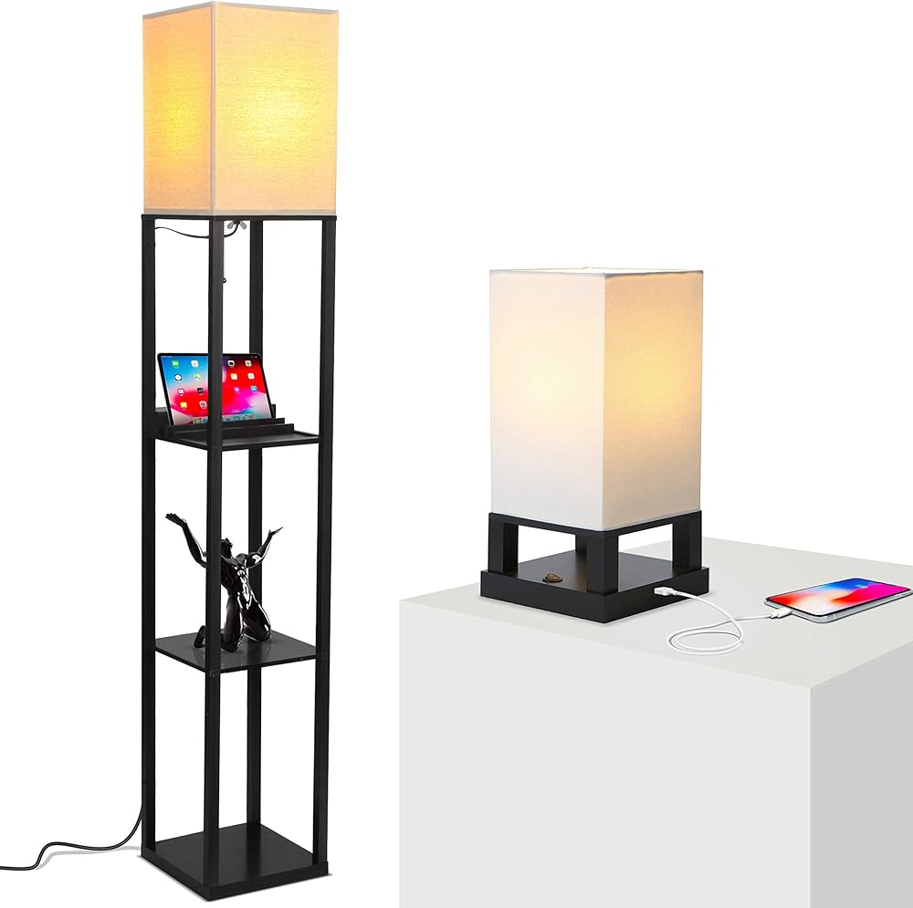 Brightech Maxwell Floor & Table Lamp Set of 2 - Narrow Side Table and Nightstand Lamp with USB Port - Perfect Floor Lamp for Bedroom or Office - Wood Frame, LED Bulb, Soft Ambient Light - Black