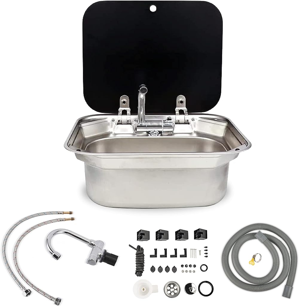 Outdoor Sink, Rv Sink Stainless Steel Hand Wash Basin Kitchen with Lid Glass Cold&Hot Faucet for RV Caravan Camper Boating Bar Spout Strainer Full set