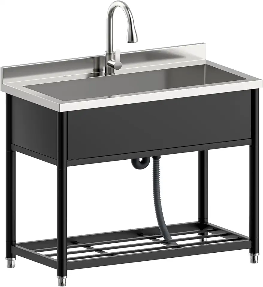 Stainless Steel Large Utility Sink Single Bowl, Freestanding Laundry Sink with Pull-Out Faucet, Utility Sink for Laundry Room, Garage, Kitchen, Shop, Indoor Use, Black Frame, 22.4