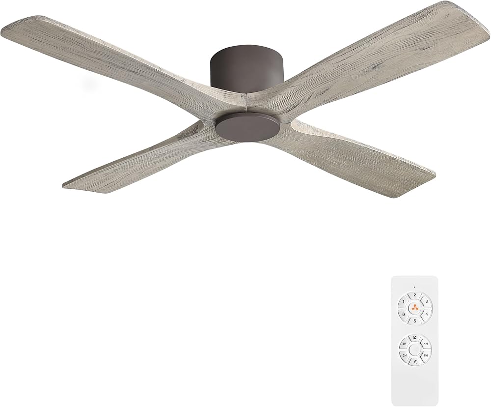 WINGBO 54 Inch Flush Mount DC Ceiling Fan without Lights, 4 Reversible Carved Wood Blades, 6-Speed Noiseless DC Motor, Hugger Ceiling Fan No Lights in Graphite Finish with Barn Wood Blades, ETL Listed