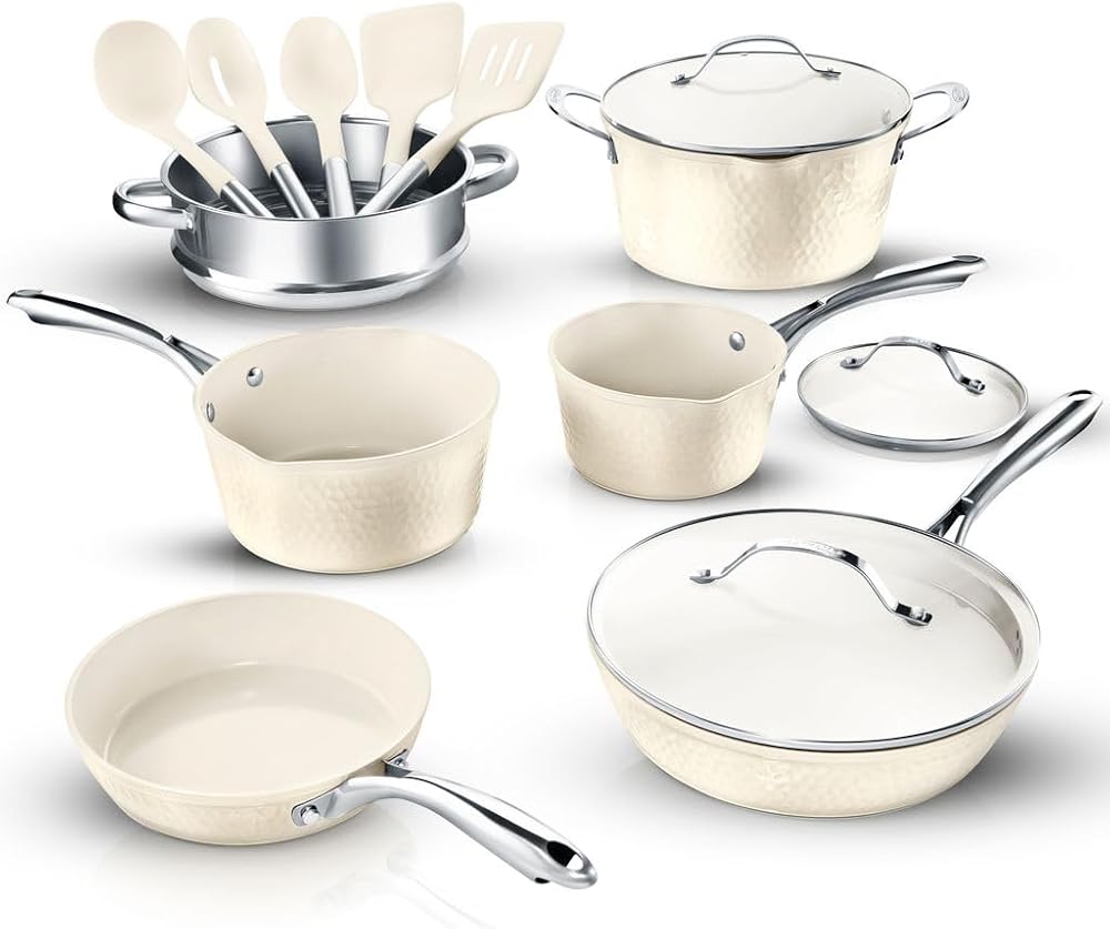 Gotham Steel Hammered 15 Pc Ceramic Pots and Pans Set Non Stick, Kitchen Cookware Sets, Pot and Pan Set, Ceramic Cookware Set Non Toxic, Non Stick Pots and Pan Set Dishwasher Safe, Cream White…