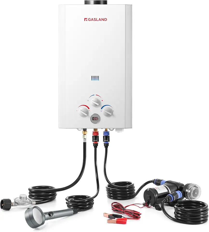 GASLAND 10L Outdoor Propane Tankless Water Heater with Pump Set, 2.64 GPM Portable Propane Camping Shower for Off Grid, Digital Display, White, BE264Q120